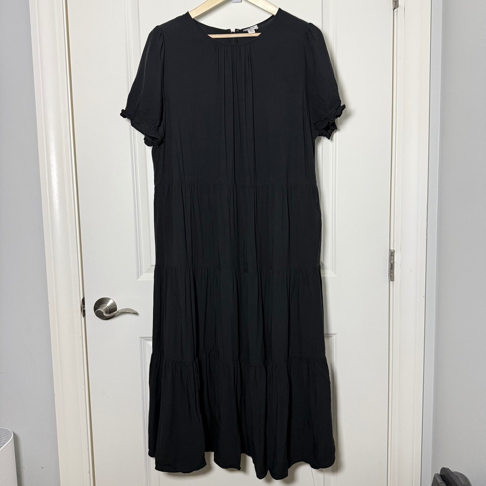 J.Crew Factory Black Puff Sleeve Tiered Midi Dress 2X Plus Size Pockets‎